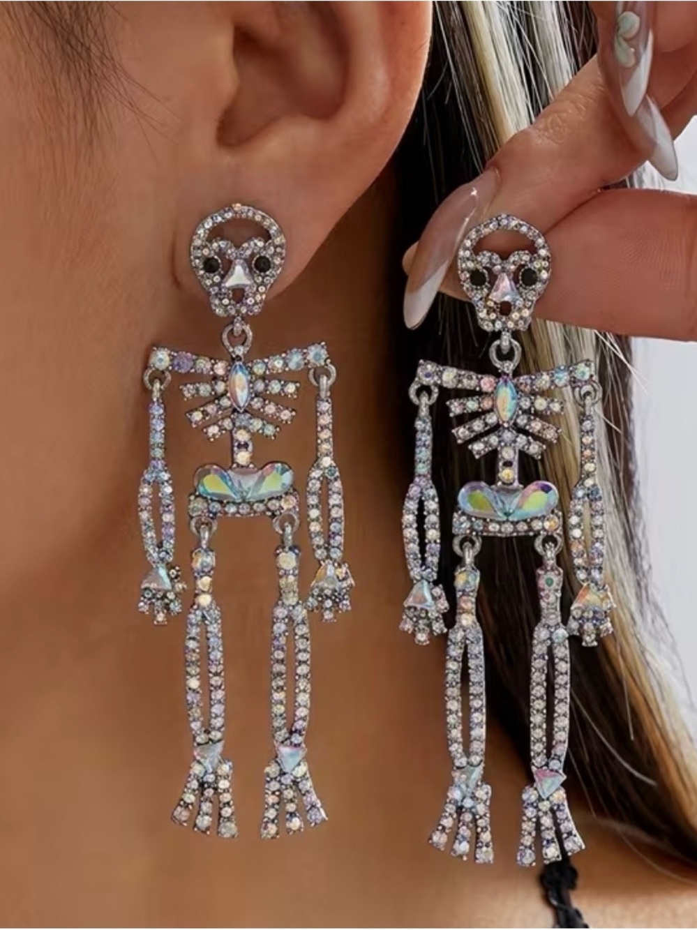 NWT Iridescent Multi-Color Crystal Skeleton Drop Earrings, Halloween Earrings